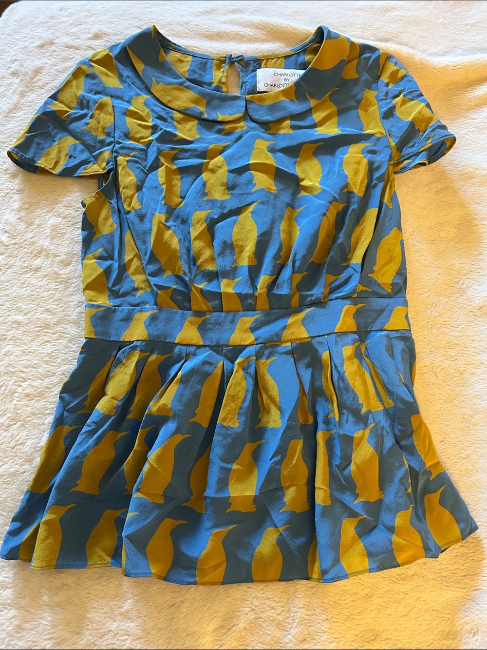 Anthropologie Blue and Mustard Penguin-Print Peplum Blouse